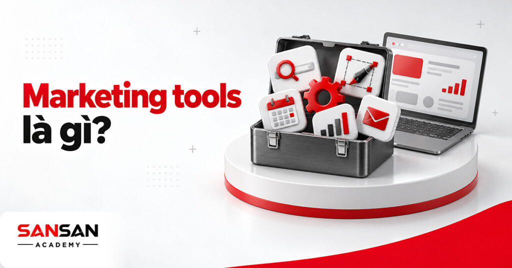 Hộp công cụ xám với các thẻ tìm kiếm, thiết kế, lịch, biểu đồ và email minh họa Marketing tools