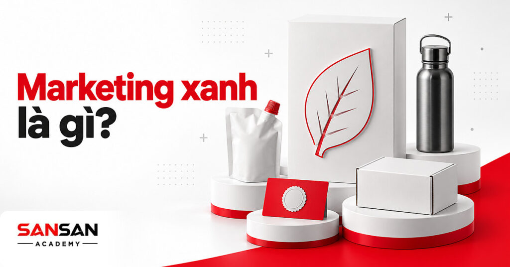 Hộp sản phẩm trắng có biểu tượng lá cắt giấy viền đỏ cùng túi thay lõi, bình tái sử dụng và chứng nhận Marketing xanh