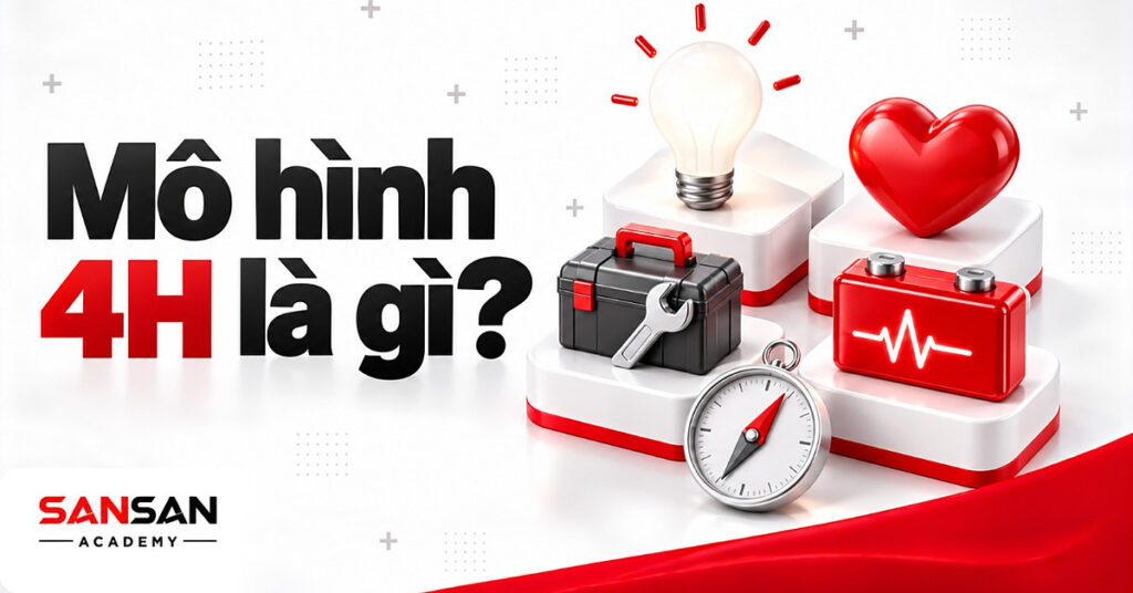 Bóng đèn, trái tim đỏ, hộp dụng cụ và pin nhịp tim đặt cạnh nhau minh họa mô hình 4H là gì