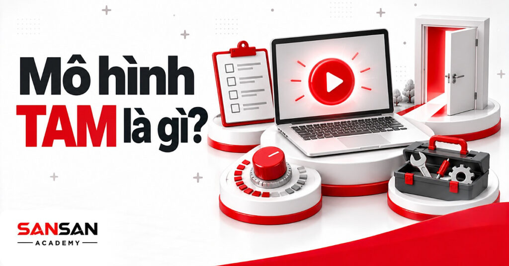 Laptop mở cùng bảng khảo sát, núm vặn đỏ và hộp công cụ minh họa mô hình TAM là gì