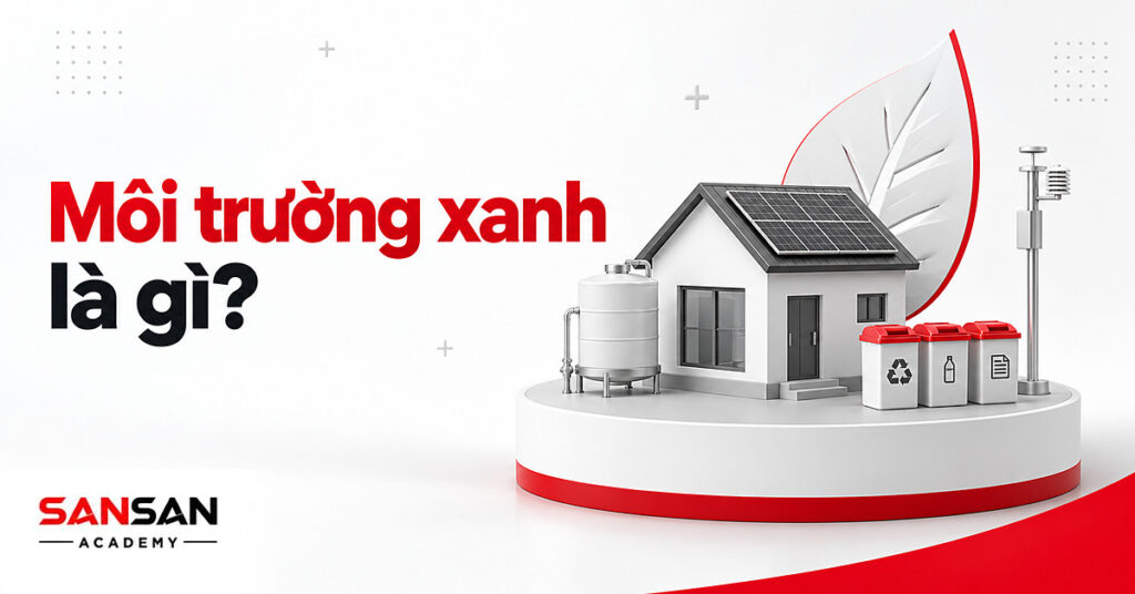 Khu dân cư thu nhỏ có bồn nước sạch, thùng rác phân loại và cột đo không khí minh họa môi trường xanh