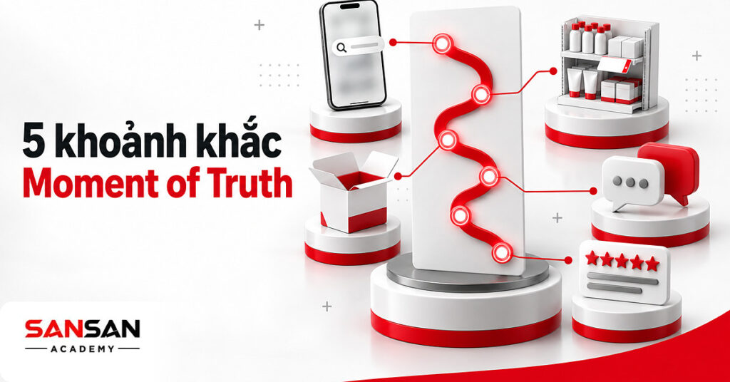 Thẻ hành trình khách hàng có năm điểm đỏ Moment of Truth nối tới tìm kiếm, kệ hàng, mở hộp, hỗ trợ, đánh giá