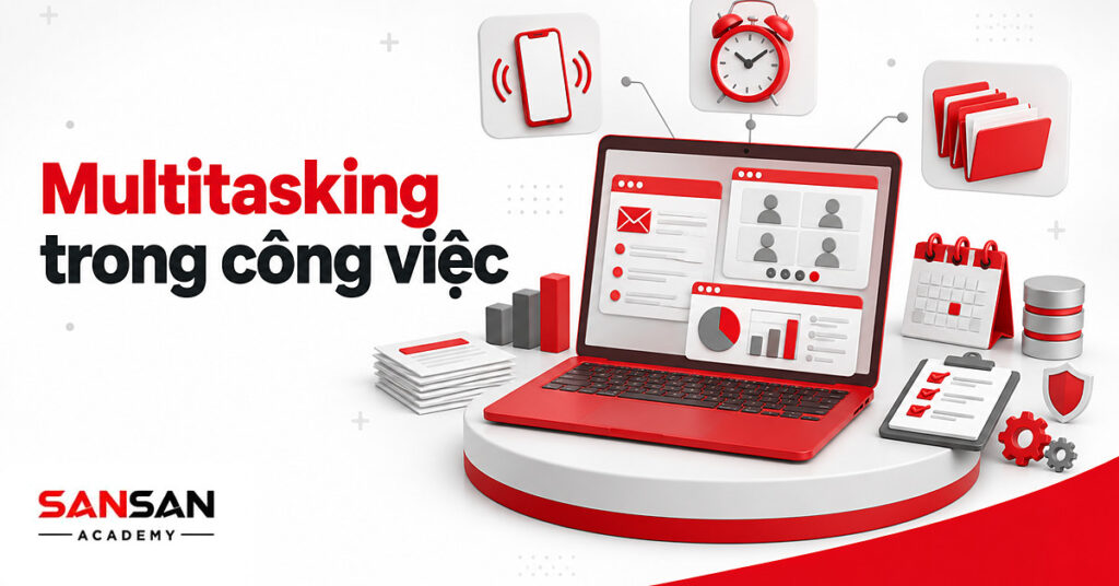 Multitasking trong công việc với laptop mở nhiều cửa sổ, email, cuộc họp trực tuyến và điện thoại báo tin nhắn.