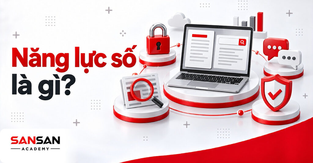 Laptop mở giữa ổ khóa, kính lúp, bong bóng trò chuyện và khiên đỏ minh họa năng lực số