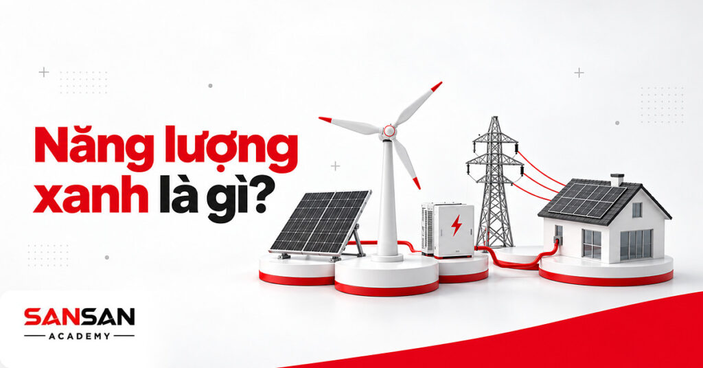Tua-bin gió trắng và tấm pin mặt trời xám đậm cạnh pin lưu trữ và cột điện minh họa năng lượng xanh