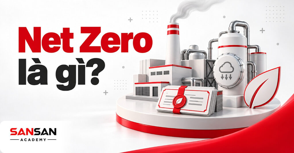 Ống khói nhà máy giảm khói, bình thu giữ carbon và chồng tín chỉ minh họa Net Zero là gì