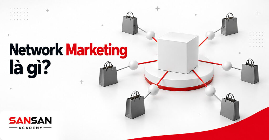 Hộp sản phẩm nối bằng sợi đỏ tới các điểm phân phối và túi mua hàng, minh họa Network Marketing là gì