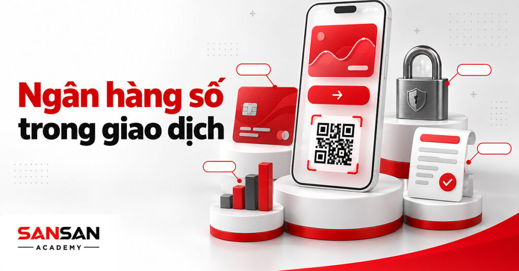 Điện thoại mở ứng dụng ngân hàng số với thẻ, mã QR, ổ khóa bảo mật, hóa đơn đã trả và biểu đồ giao dịch