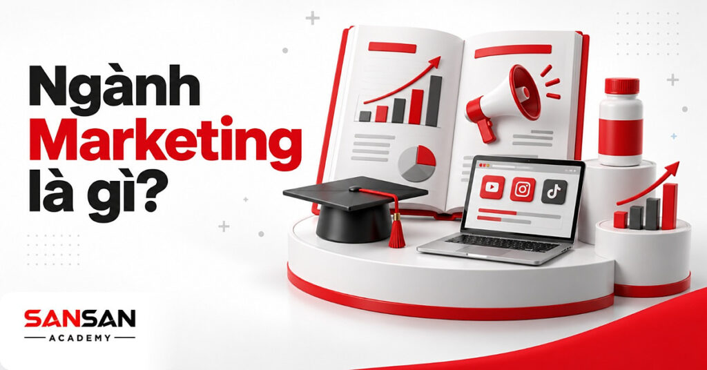 Giáo trình ngành Marketing mở lớn giữa mũ tốt nghiệp, laptop mạng xã hội, chai sản phẩm và biểu đồ