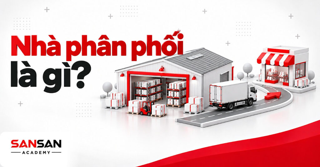 Kho trắng với kệ xám, xe giao hàng và cửa hàng mái hiên đỏ minh họa nhà phân phối