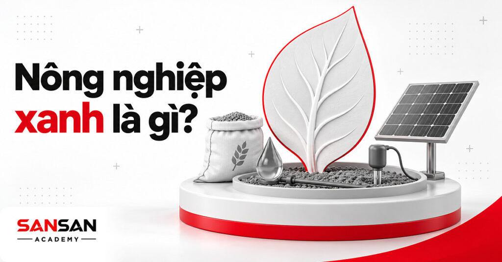 Lá cắt giấy viền đỏ giữa khay đất, giọt nước, bao lúa và cảm biến đất minh họa nông nghiệp xanh là gì