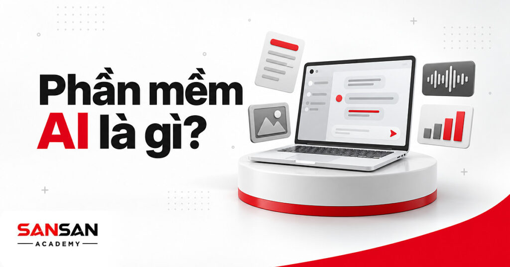 Máy tính xách tay với khung chat ở giữa, quanh đó là tài liệu, khung ảnh, sóng âm và biểu đồ minh họa phần mềm AI