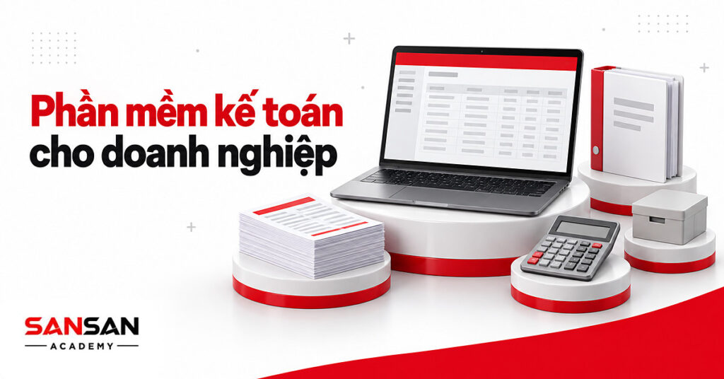 Laptop hiển thị cửa sổ phần mềm kế toán giữa chứng từ, máy tính bỏ túi, hóa đơn và hộp lưu trữ