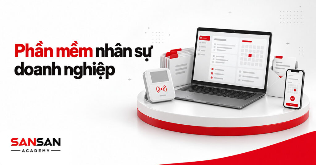 Laptop hiển thị hồ sơ nhân viên cạnh máy chấm công, tập hồ sơ và phiếu lương minh họa phần mềm nhân sự