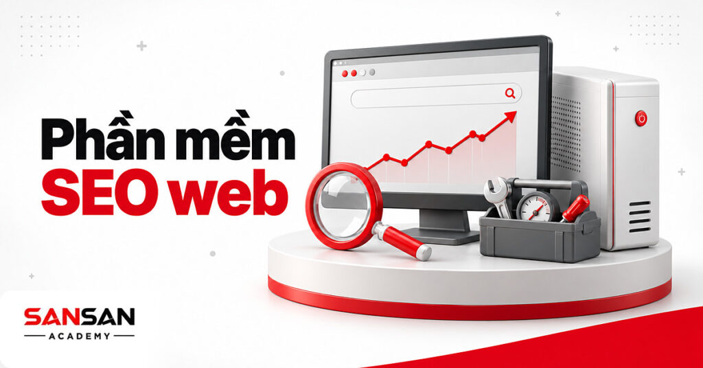 Màn hình biểu đồ tìm kiếm, kính lúp và hộp công cụ minh họa phần mềm SEO web
