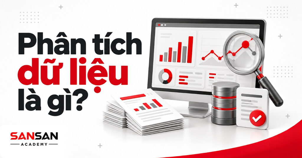Màn hình biểu đồ, kính lúp, chồng bảng số liệu và cơ sở dữ liệu minh họa phân tích dữ liệu