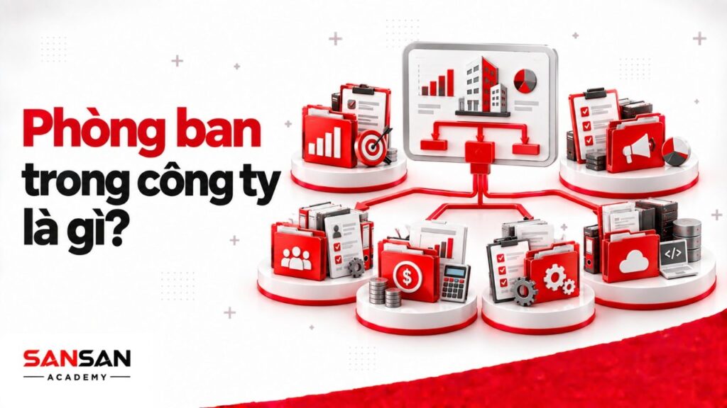 Phòng ban trong công ty là gì với các bộ phận Kinh doanh, Marketing, Nhân sự, Tài chính, Vận hành và Công nghệ.