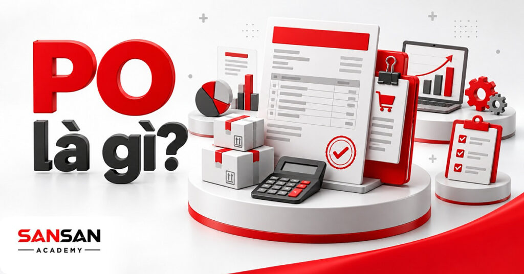 Tờ PO lớn có dấu duyệt đỏ cạnh thùng hàng, máy tính và hóa đơn minh họa PO là gì