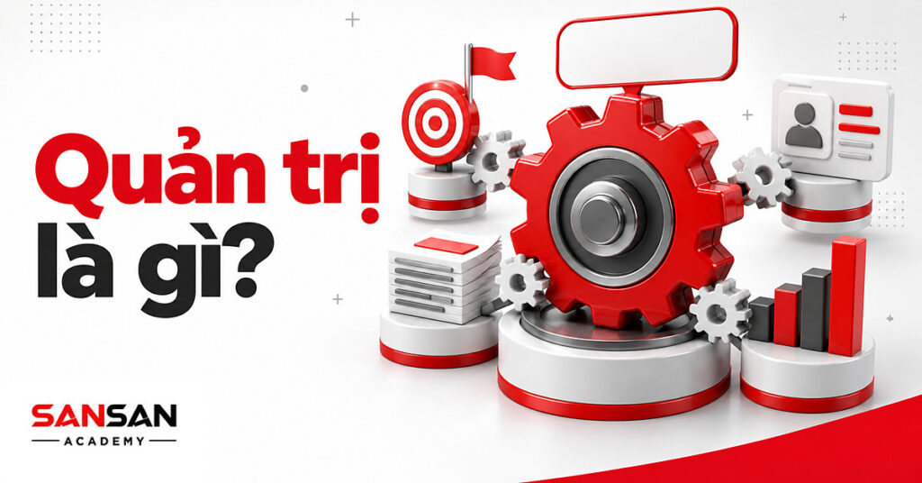 Cụm bánh răng đỏ trắng nối mục tiêu, nhân sự, ngân sách và biểu đồ, minh họa khái niệm quản trị
