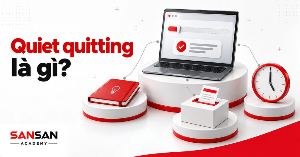 Quiet quitting là gì: laptop với đồng hồ gắn kết giảm dần, sổ ý tưởng đóng lại và chỉ còn nhiệm vụ được giao.