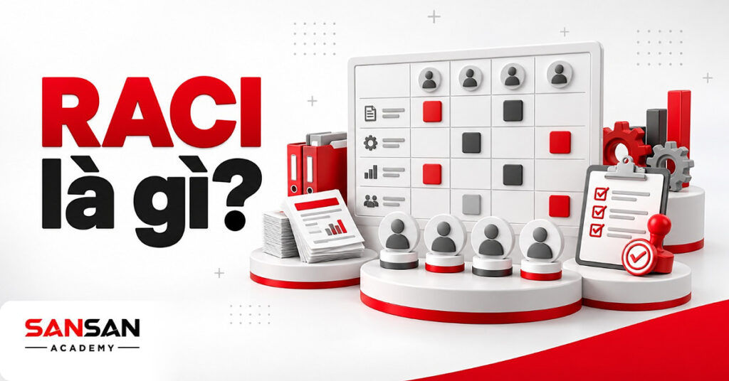 Bảng lưới phân công, biểu tượng người dùng, bảng kẹp nhiệm vụ và con dấu duyệt minh họa RACI