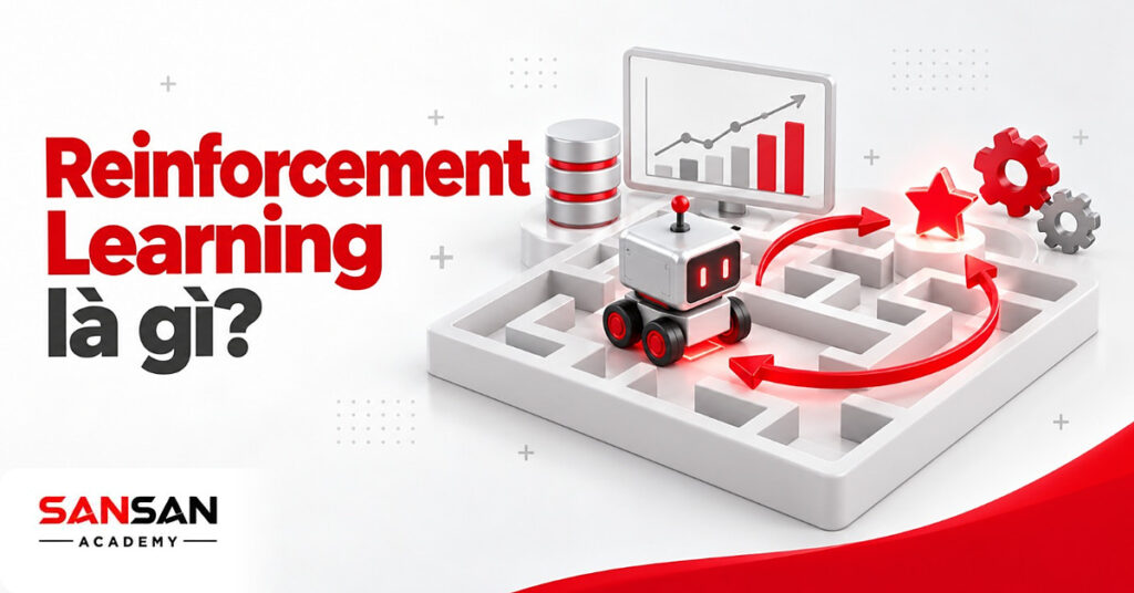 Robot khối xám trong mê cung trắng cùng mũi tên vòng đỏ tới ngôi sao minh họa Reinforcement Learning