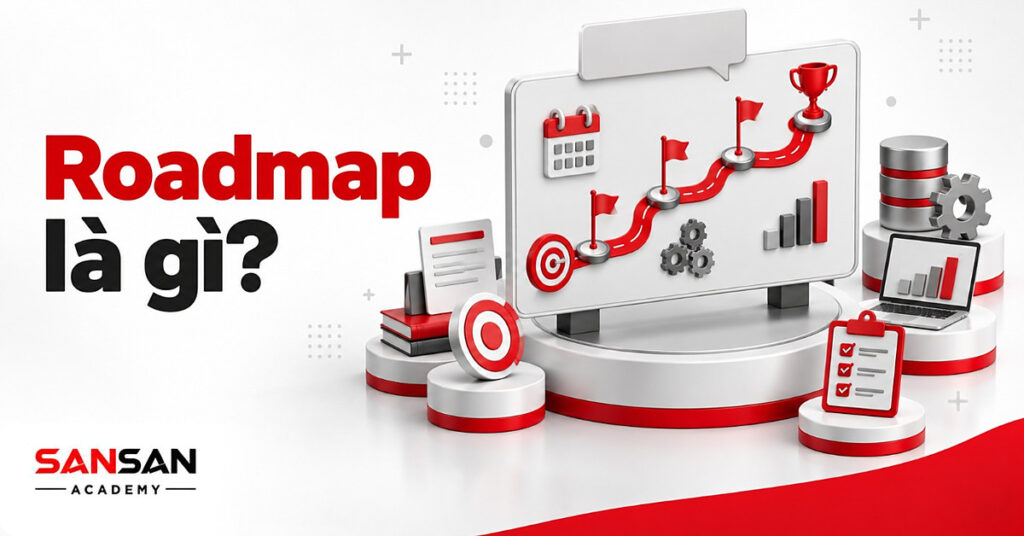 Bảng roadmap lớn có tuyến đường đỏ với các cột mốc nối mục tiêu đến chiếc cúp, minh họa roadmap là gì