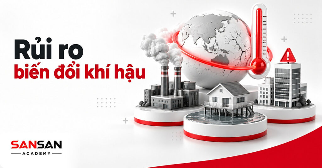 Quả cầu nóng lên, nhà máy và nhà ngập nước minh họa biến đổi khí hậu khi một vấn đề môi trường trở thành rủi ro thực tế
