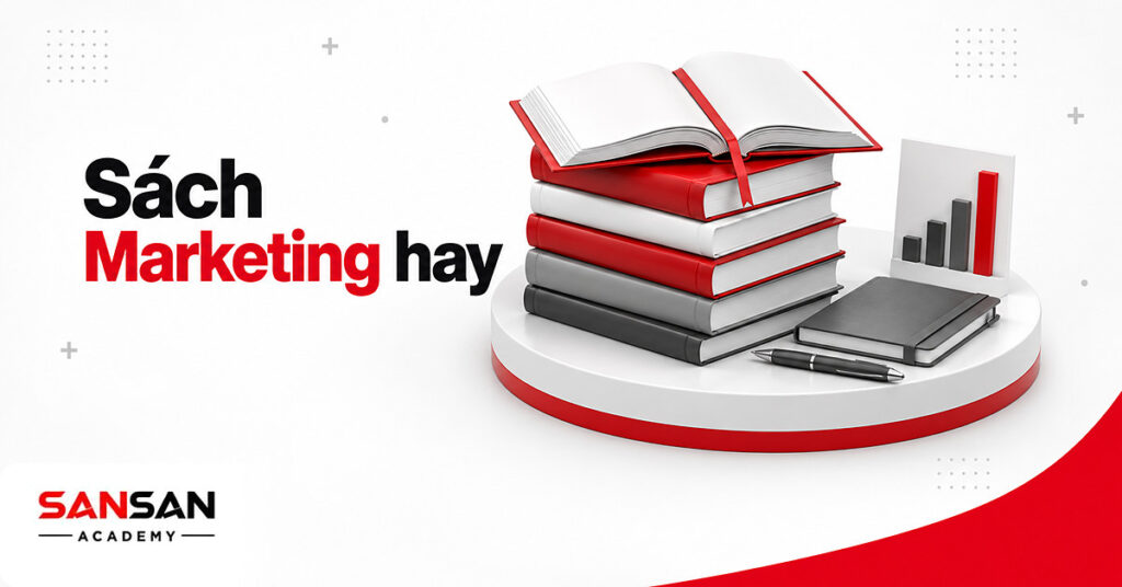 Chồng sách bìa trơn đỏ trắng xám với một cuốn mở trang và sổ ghi chép minh họa sách Marketing hay