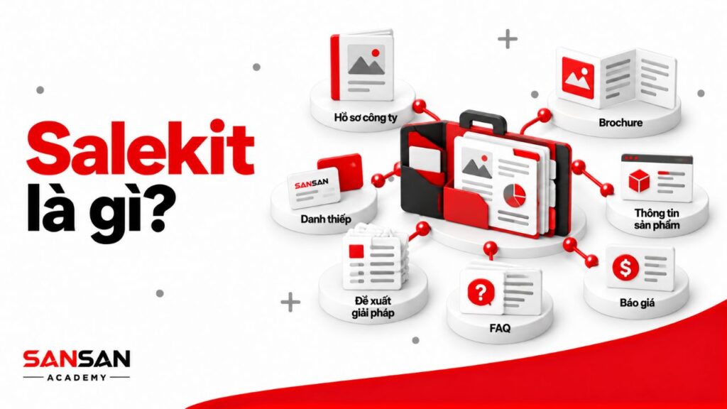Bộ salekit gồm hồ sơ doanh nghiệp, brochure, thông tin sản phẩm, đề xuất, báo giá và tài liệu hỗ trợ