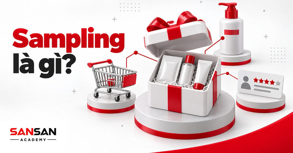 Hộp quà trắng nơ đỏ mở ra với gói mẫu, chai nhỏ, tuýp mini nối giỏ hàng và thẻ đánh giá, minh họa sampling