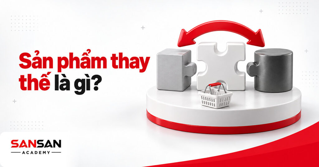 Hai khối sản phẩm khác dáng cùng vừa một ô trống với mũi tên đỏ hoán đổi minh họa sản phẩm thay thế