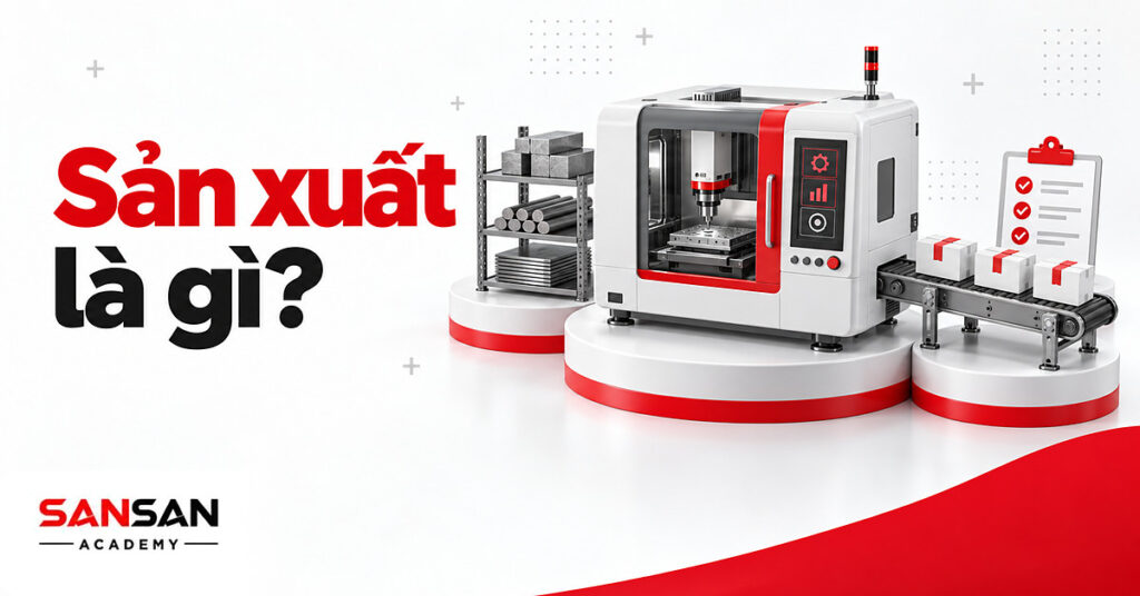 Máy sản xuất trắng đỏ biến nguyên liệu trên kệ thành hộp thành phẩm minh họa hoạt động sản xuất
