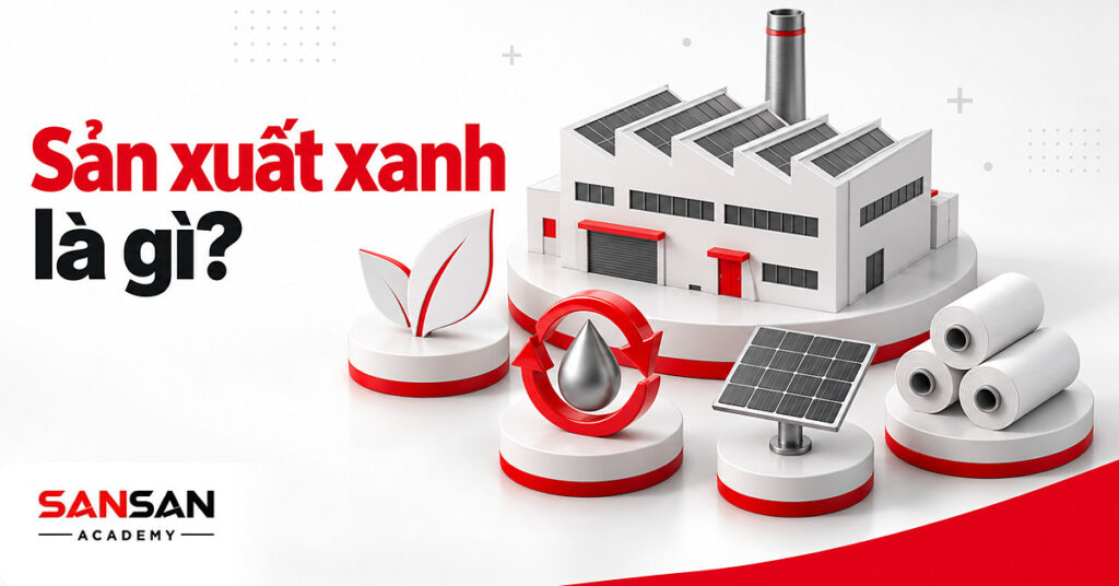 Mô hình nhà máy giữa lá cắt giấy viền đỏ, giọt nước, tấm pin mặt trời và cuộn vật liệu minh họa sản xuất xanh
