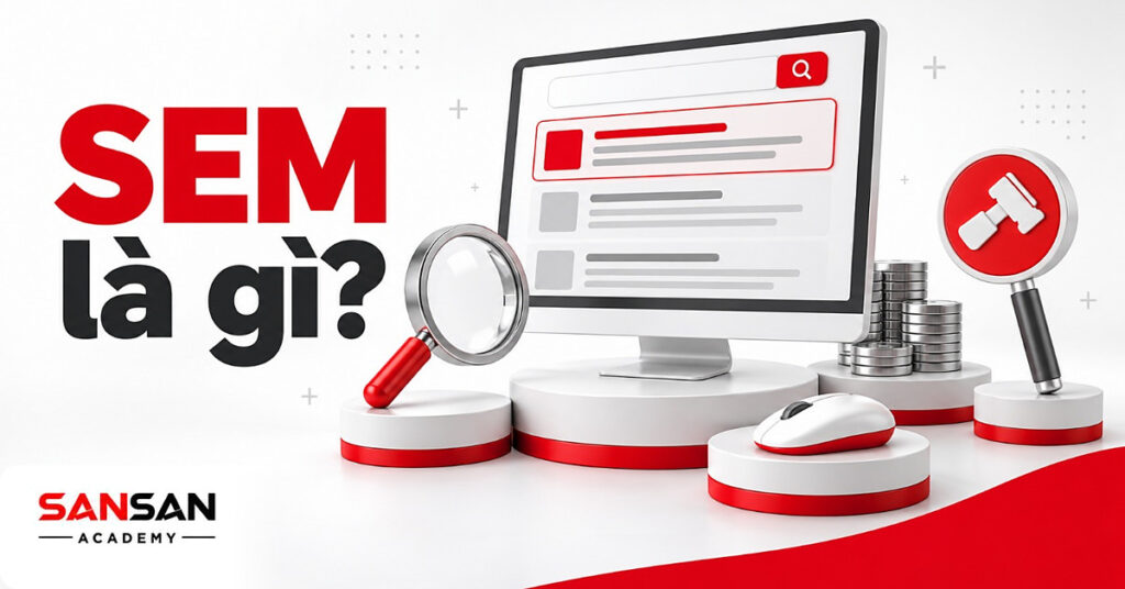 Màn hình trang kết quả tìm kiếm có thẻ quảng cáo SEM viền đỏ trên kết quả tự nhiên, cạnh kính lúp, xu và chuột