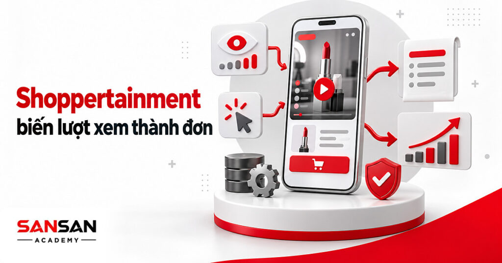 Điện thoại phát livestream shoppertainment với thẻ sản phẩm, giỏ hàng, lượt xem, lượt nhấp và biểu đồ doanh thu