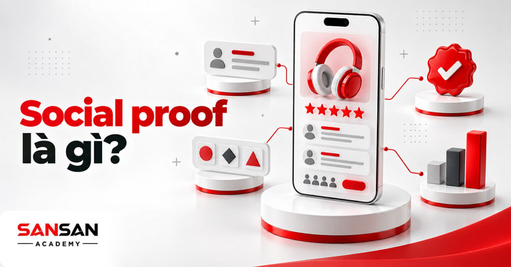 Điện thoại hiển thị trang sản phẩm có năm sao, thẻ đánh giá, logo khách hàng và dấu xác minh minh họa social proof
