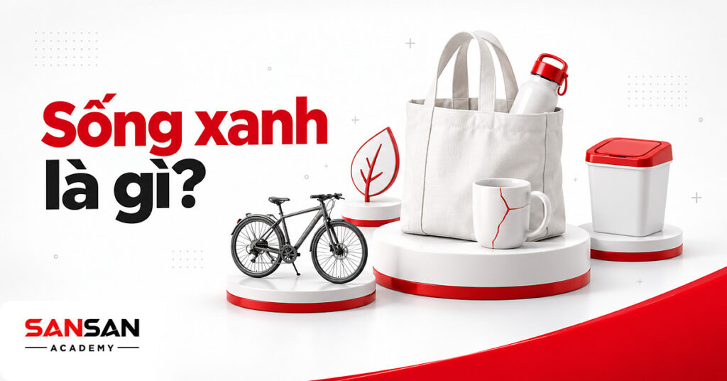 Túi vải dùng lại, bình nước, cốc vá, lá giấy viền đỏ, xe đạp và thùng phân loại minh họa lối sống xanh