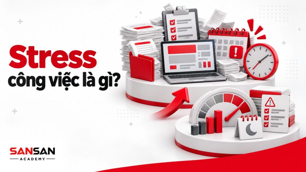 Stress công việc là gì với laptop, danh sách nhiệm vụ quá tải, lịch gấp, đồng hồ và chỉ báo căng thẳng trong công việc.