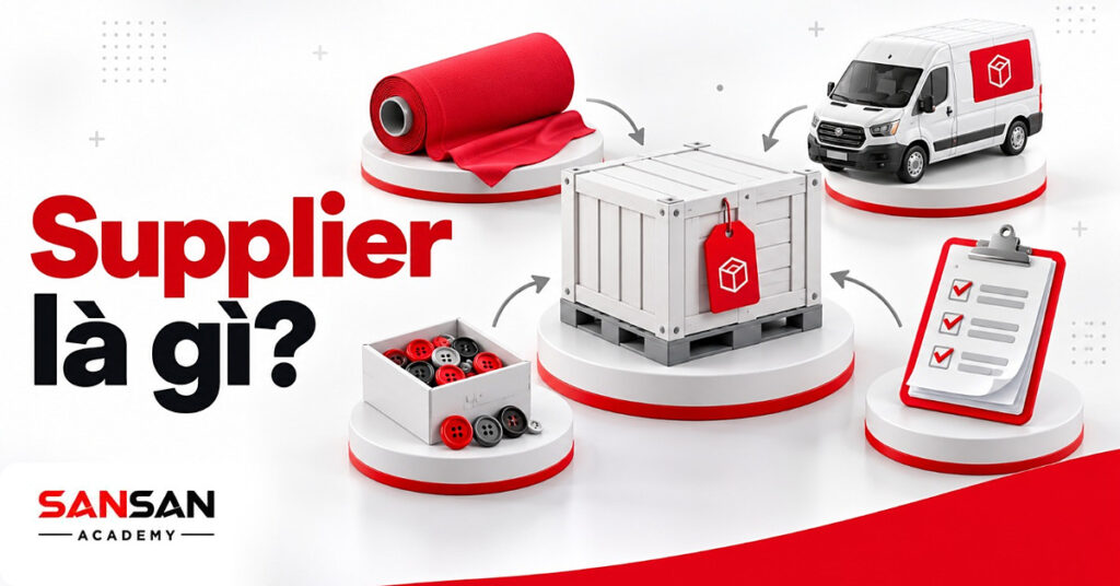 Thùng hàng giữa cuộn vải, hộp cúc áo, xe giao hàng và phiếu đặt hàng minh họa Supplier là gì