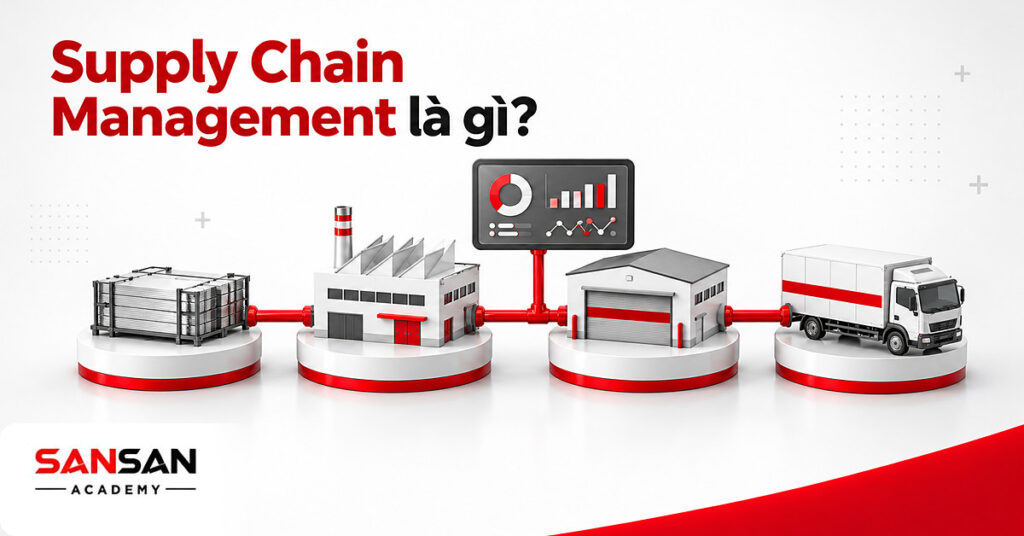 Chuỗi khối nhà cung cấp, nhà máy, kho và xe giao hàng nối bằng một đường đỏ minh họa Supply Chain Management