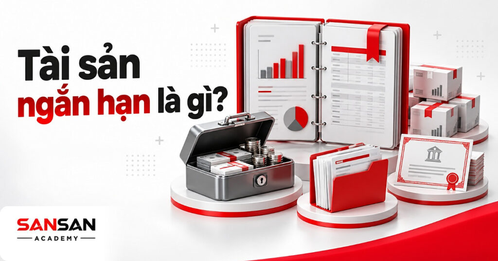 Bảng cân đối mở lớn giữa hộp tiền, thùng hàng, hồ sơ phải thu và chứng chỉ tiền gửi, minh họa tài sản ngắn hạn