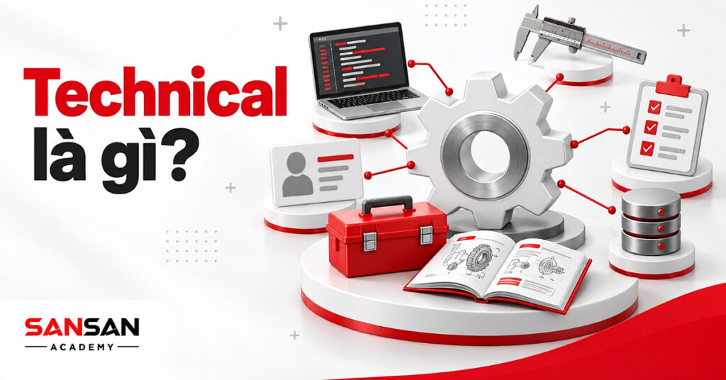 Bánh răng lớn thể hiện kỹ năng technical ở giữa, quanh là hộp dụng cụ, sổ tay kỹ thuật, laptop lập trình và thước cặp