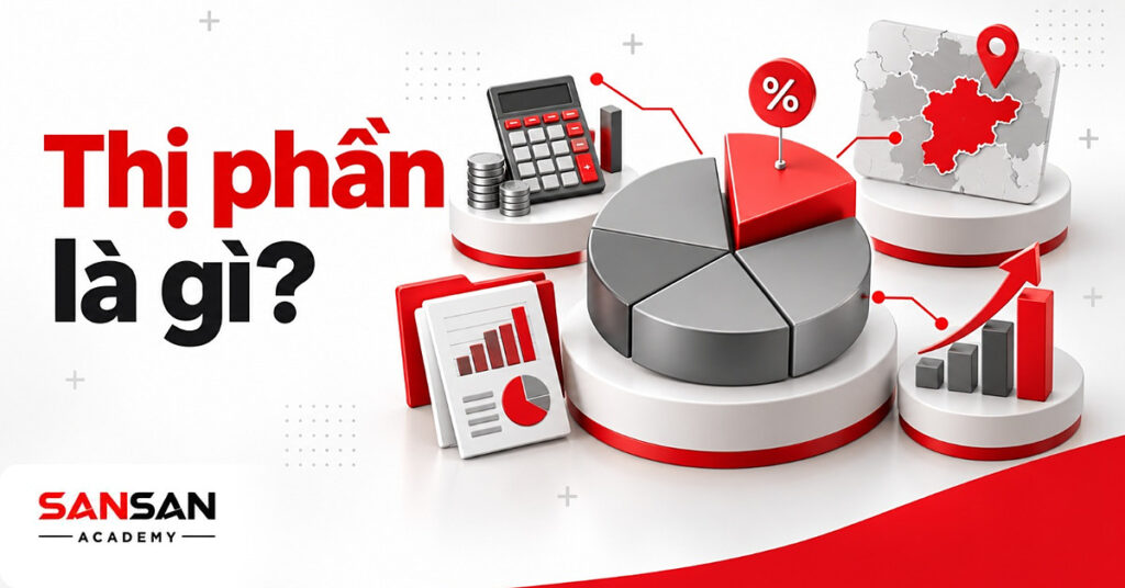 Thị phần là gì: biểu đồ tròn 3D có lát đỏ tách ra thể hiện phần thị trường doanh nghiệp đang nắm giữ.