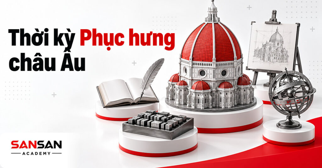 Mô hình mái vòm thời kỳ Phục hưng giữa sách và bút lông, giá vẽ phối cảnh, quả cầu thiên văn và khuôn chữ in