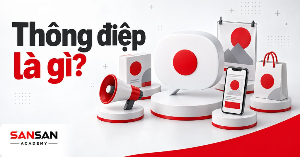 Thẻ thông điệp hình bong bóng lời nói giữa loa, hộp sản phẩm, điện thoại quảng cáo và túi mua sắm