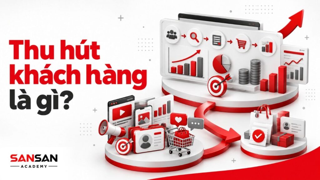 Thu hút khách hàng là gì với nhận biết, khách hàng tiềm năng, chuyển đổi mua lần đầu và chi phí tìm khách mới.