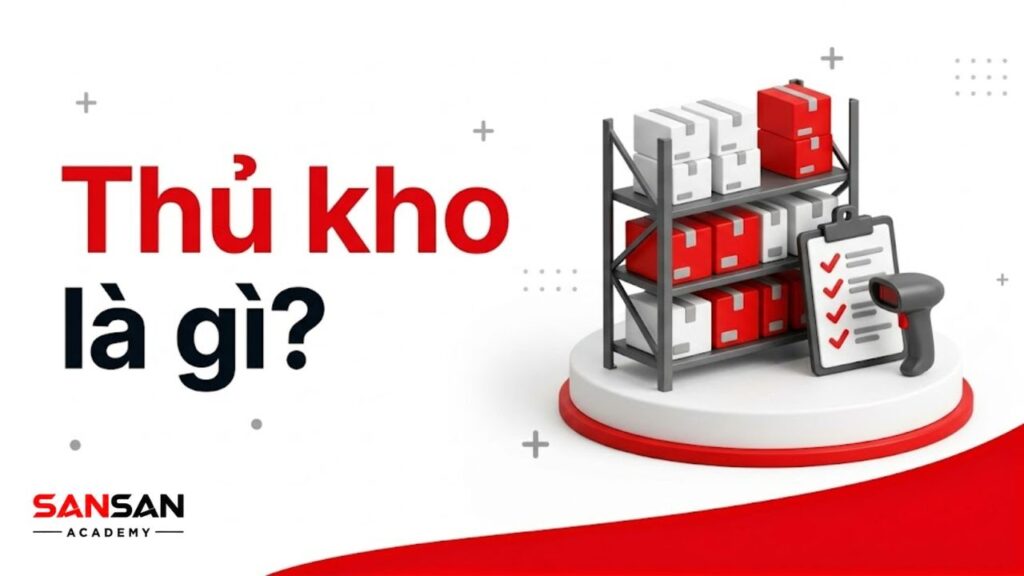 Sơ đồ 3D matte mô tả thủ kho quản lý kệ hàng và dữ liệu tồn kho.