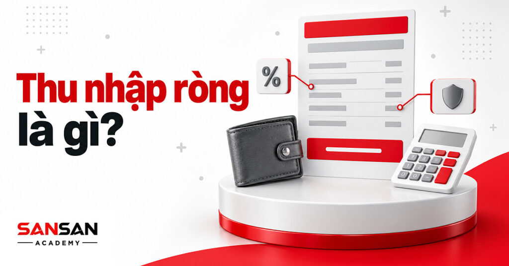Phiếu lương lớn trừ thuế và bảo hiểm, ô đỏ cuối trang là thu nhập ròng, cạnh ví và máy tính