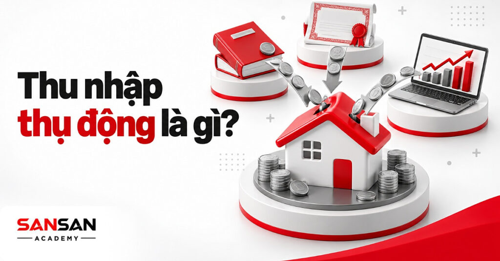 Hộp tiết kiệm lớn nhận dòng xu từ sách, trái phiếu và laptop, minh họa thu nhập thụ động là gì